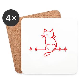 80er 90er Retro Katze Katzen Herz Herzschlag - Untersetzer (4er-Set) - Weiß - Vorne
