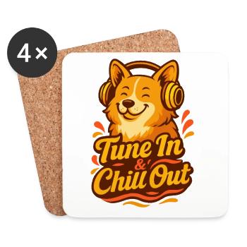 "Tune In & Chill Out" Happy Corgi mit Kopfhörern - Untersetzer (4er-Set) - Weiß - Vorne