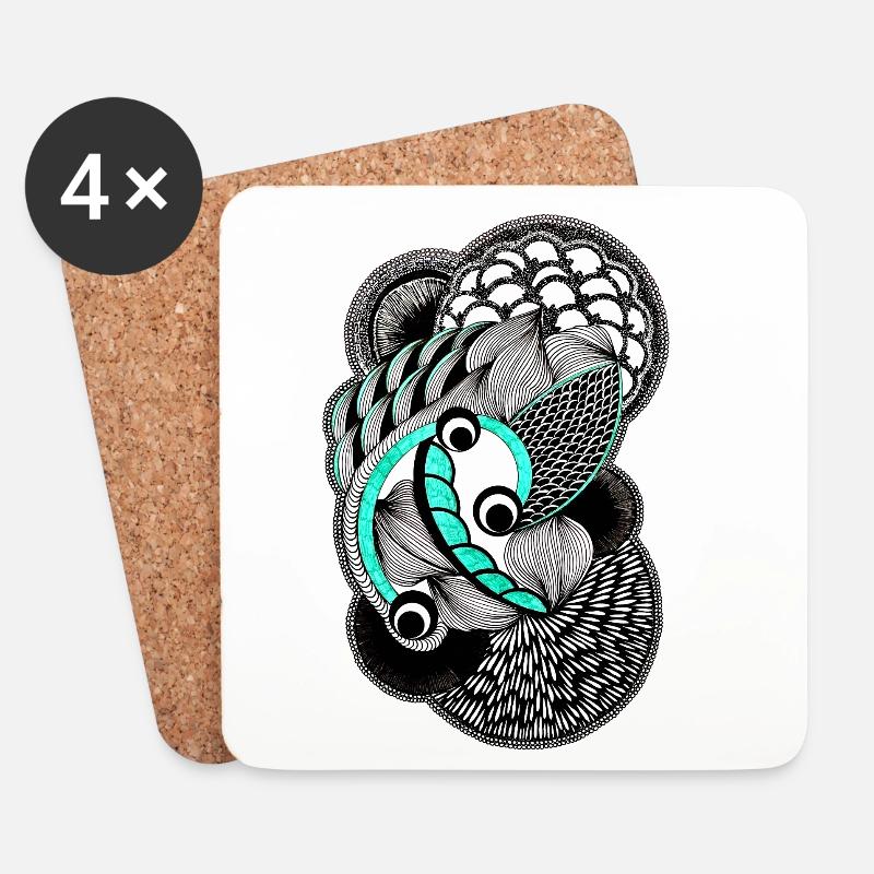 Koi Linienkunst in Türkis und Schwarz - Untersetzer (4er-Set) - Weiß