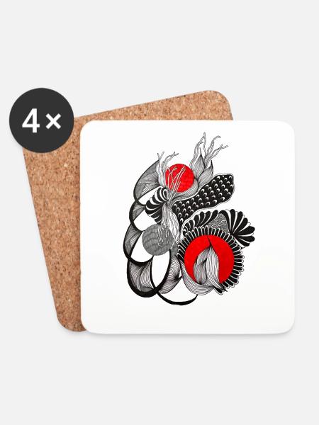 Monochrome flower circles with red - Coasters (set of 4) - white