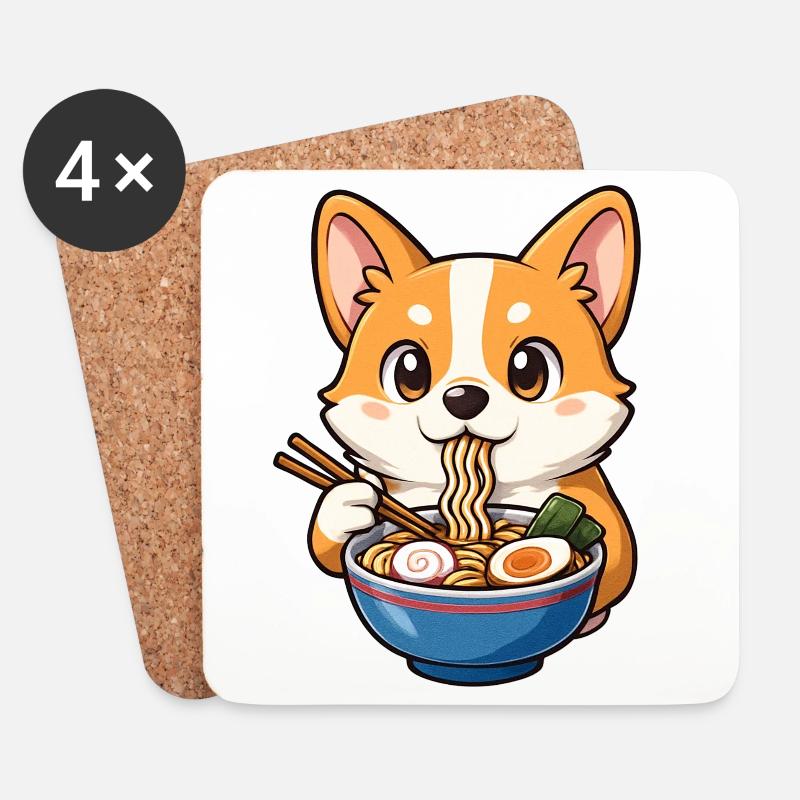 Corgi Isst Ramen-Nudeln - Untersetzer (4er-Set) - Weiß