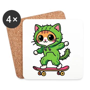 Chat skate cactus vert hoodie kawaii - Dessous de verre (lot de 4) - blanc - Devant