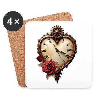 Vintage Heart Watch with Roses - Coasters (set of 4) - white - Front