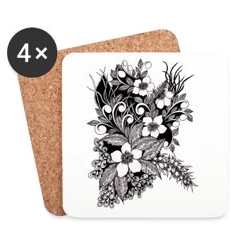 Schwarze Floral Ornamentblüten Muster - Untersetzer (4er-Set) - Weiß - Vorne