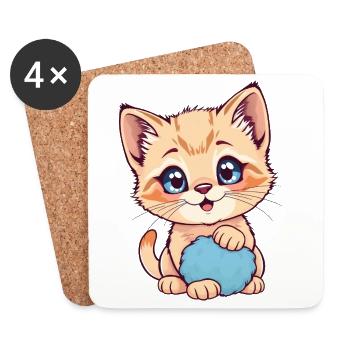 Chaton avec une boule bleue et duveteuse - Dessous de verre (lot de 4) - blanc - Devant