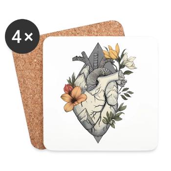 Cœur anatomique avec des fleurs et des montagnes - Dessous de verre (lot de 4) - blanc - Devant