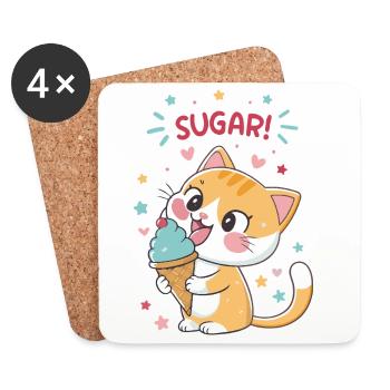 Chat gourmand cornet glace festif - Dessous de verre (lot de 4) - blanc - Devant