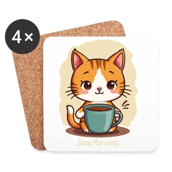 Chat lent du matin avec café - Dessous de verre (lot de 4) - blanc - Devant