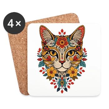 Tête de chat fleurie - Dessous de verre (lot de 4) - blanc - Devant