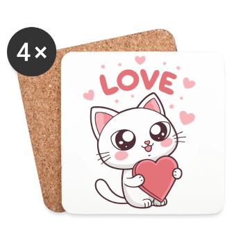 Chat mignon cœur Love kawaii - Dessous de verre (lot de 4) - blanc - Devant