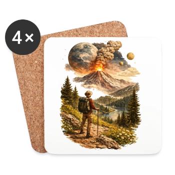 Hikers in front of erupting volcano and strange world - Coasters (set of 4) - white - Front