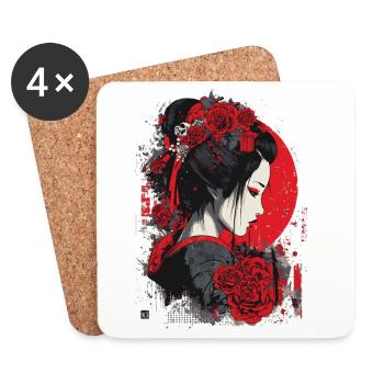 Geisha mit roten Rosen - Untersetzer (4er-Set) - Weiß - Vorne