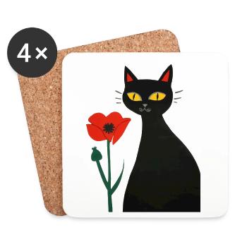 Schwarze Katze mit Mohnblumen - Untersetzer (4er-Set) - Weiß - Vorne
