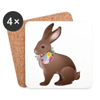 Lapin dessiné à la main avec des fleurs printanières - Dessous de verre (lot de 4) - blanc - Devant