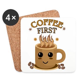 Coffee First – Kawaii | Kaffeetasse Motiv - Untersetzer (4er-Set) - Weiß - Vorne