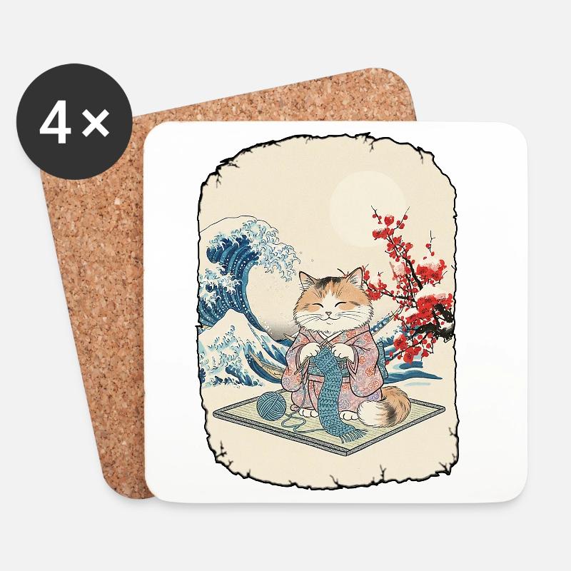 Katze Häkelt Kawai Anime - Untersetzer (4er-Set) - Weiß