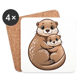 Mère loutre avec un petit - Dessous de verre (lot de 4) - blanc - Devant