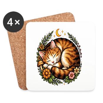 Traumkatze mit einem nachtaktiven Blumenherz - Untersetzer (4er-Set) - Weiß - Vorne