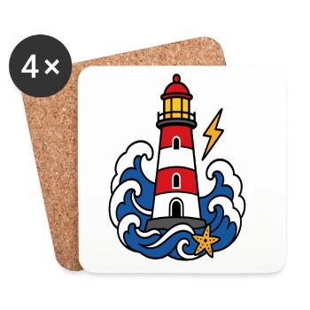 Marine-Leuchtturm- und Wellen-Tattoo-Stil - Untersetzer (4er-Set) - Weiß - Vorne