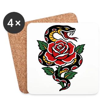 Schlangen- und rote Rosen-Tattoo-Stil - Untersetzer (4er-Set) - Weiß - Vorne