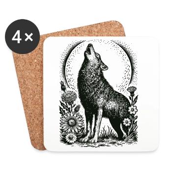 Howling Wolf in Floral Circular Frame - Coasters (set of 4) - white - Front