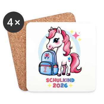 Pony mit Schulranzen Schulkind 2026 Rosa Blau - Untersetzer (4er-Set) - Weiß - Vorne