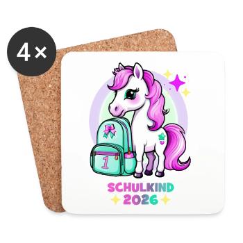 Pony mit Schulranzen Schulkind 2026 Pink Türkis - Untersetzer (4er-Set) - Weiß - Vorne