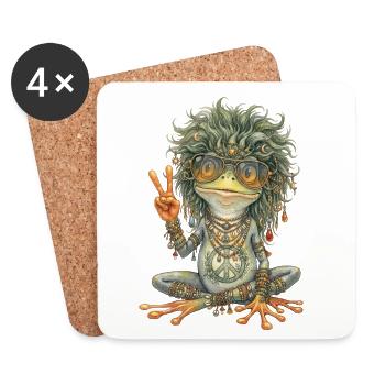 Aquarelle : Grenouille hippie avec le signe de paix - Dessous de verre (lot de 4) - blanc - Devant