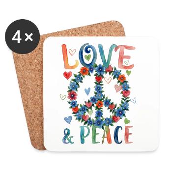 Enseigne florale Love and Peace en style aquarelle - Dessous de verre (lot de 4) - blanc - Devant