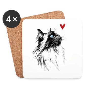 Cat Watercolor Heart Cat Gift - Coasters (set of 4) - white - Front
