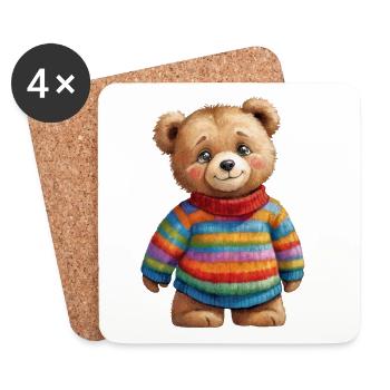 Un joli ours en peluche dans un pull rayé coloré - Dessous de verre (lot de 4) - blanc - Devant