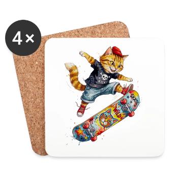 Cool Skating Cat Skateboard Watercolor Design - Untersetzer (4er-Set) - Weiß - Vorne
