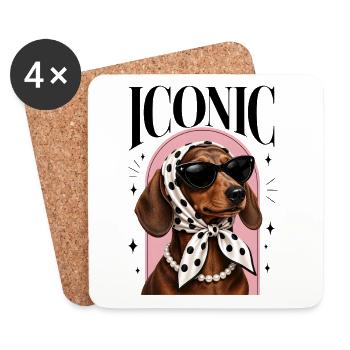 Dackel mit Sonnenbrille, Kopftuch & Perlenkette - Untersetzer (4er-Set) - Weiß - Vorne