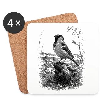 Cute sparrow artfully drawn on tree trunk - Coasters (set of 4) - white - Front