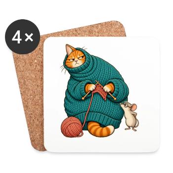 Katze strickt sich selbst ein - Untersetzer (4er-Set) - Weiß - Vorne