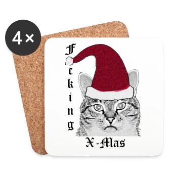 Chat avec chapeau de Père Noël (F#ck#ng X-Mas) - Dessous de verre (lot de 4) - blanc - Devant