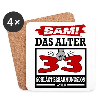 Geburtstag 33 Bam Boom Bombe Das Alter schlägt zu - Untersetzer (4er-Set) - Weiß - Vorne