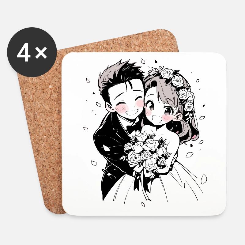 Hochzeit Aquarell Anime Chibi Braut und Bräutigam - Untersetzer (4er-Set) - Weiß