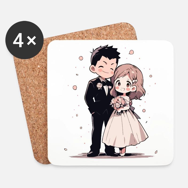 Hochzeit Aquarell Anime Chibi Braut und Bräutigam - Untersetzer (4er-Set) - Weiß