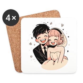 Bride and Groom Wedding Watercolor Anime Chibi - Coasters (set of 4) - white - Front