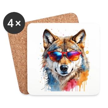 Wolf Sunglasses Colorful Animal Design Print - Coasters (set of 4) - white - Front