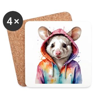 Opossum Hoodie Colorful Animal Design Print - Coasters (set of 4) - white - Front