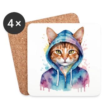 Katze Hoodie Bunt Lustig Tier Design Print - Untersetzer (4er-Set) - Weiß - Vorne