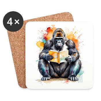 Gorilla Reading Book Monkey Colorful Animal Design Print - Coasters (set of 4) - white - Front