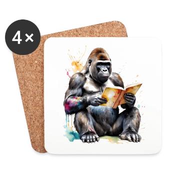 Gorilla Reading Book Monkey Colorful Animal Design Print - Coasters (set of 4) - white - Front