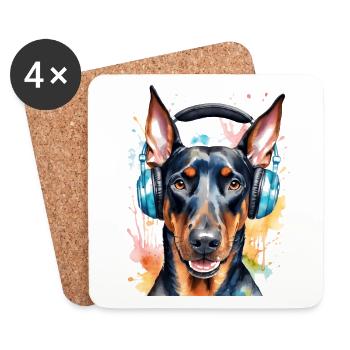 Dobermann Kopfhörer Hund Lustig Tier Design Print - Untersetzer (4er-Set) - Weiß - Vorne