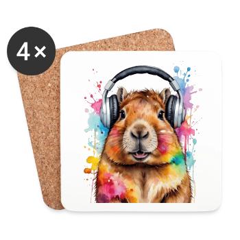 Capybara Headphones Capy Colorful Animal Design Print - Coasters (set of 4) - white - Front