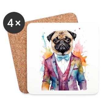 Mops Anzug Hund Bunt Lustig Tier Design Print - Untersetzer (4er-Set) - Weiß - Vorne