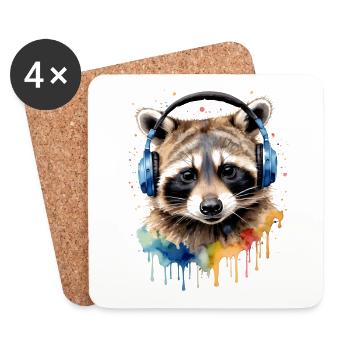 Raccoon Headphones Music Colorful Animal Design Print - Coasters (set of 4) - white - Front