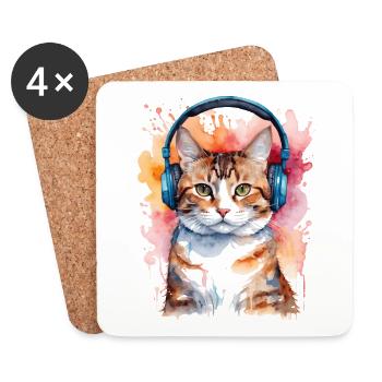 Katze Kopfhörer Bunt Lustig Tier Design Print - Untersetzer (4er-Set) - Weiß - Vorne